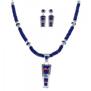 Sterling Silver Zuni Multicolor Sun Bead Necklace And Earrings Set