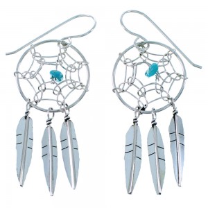 Genuine Sterling Silver Dream Catcher Feather Navajo Turquoise Hook Dangle Earrings SX109310