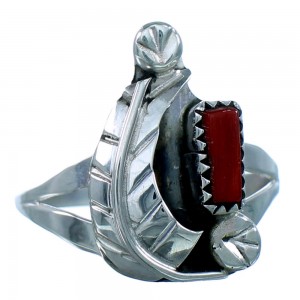 Zuni Indian Coral Sterling Silver Leaf Ring Size 7 RX113388