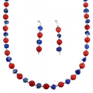 Navajo Sterling Silver Coral Lapis Bead Necklace And Earrings Set LX113490