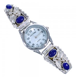 Navajo Lapis And Authentic Sterling Silver Scalloped Leaf Jewelry Watch RX117736