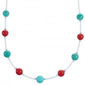 Sterling Silver Turquoise And Coral Bead Necklace BX118696