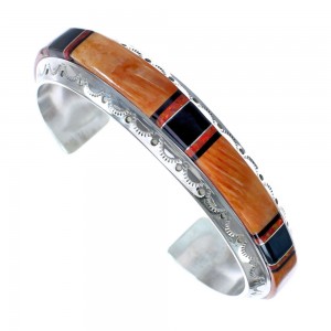 Native American Sterling Silver Oyster Shell Onyx and Red Opal Inlay Cuff Bracelet JX121787