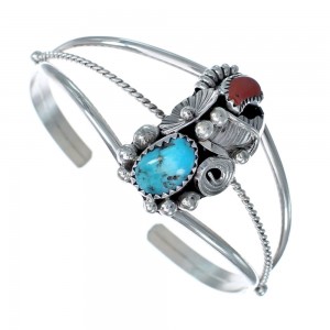 Silver Sterling Turquoise And Coral Native American Cuff Bracelet JX121745