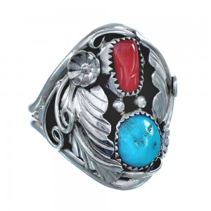 Authentic Sterling Silver Navajo Turquoise Coral Leaf Design Ring Size 11-1/2 AX122079