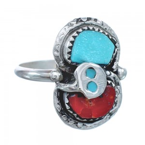 Zuni Turquoise Coral Authentic Sterling Silver Snake Ring Size 8 JX128111