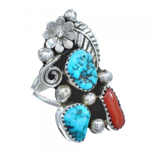 Native American Turquoise Coral Sterling Silver Ring Size 8-3/4 JX122129