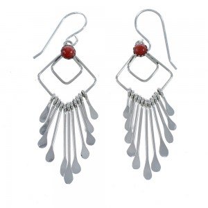 Navajo Coral And Sterling Silver Hook Dangle Earrings JX122284