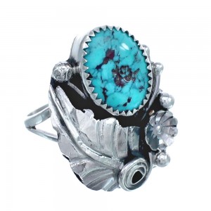 Flower Scalloped Leaf Turquoise Genuine Sterling Silver Navajo Ring Size 6-1/4 AX123287