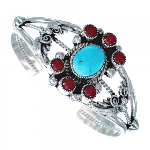 Sterling Silver Turquoise Coral Leaf Navajo Cuff Bracelet AX123861