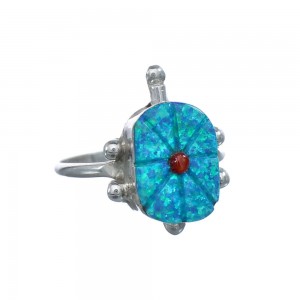 Native American Coral and Blue Opal Sterling Silver Turtle Ring Size 6-1/2 JX124209