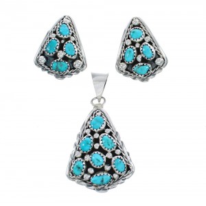Navajo Authentic Sterling Silver Turquoise Pendant Earrings Jewelry Set JX124287