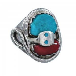Authentic Sterling Silver Turquoise And Coral Snake Zuni Ring Size 8-1/4 AX124621