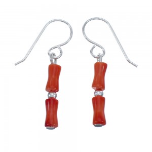 Native American Coral Sterling Silver Bead Hook Dangle Earrings AX124703