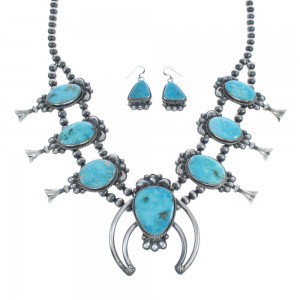 Turquoise Sterling Silver Navajo Naja Squash Blossom Necklace And Earrings Set AX124767