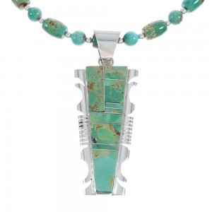 Native American Kingman Turquoise Inlay And Sterling Silver Navajo Bead Necklace And Pendant Set AX124779