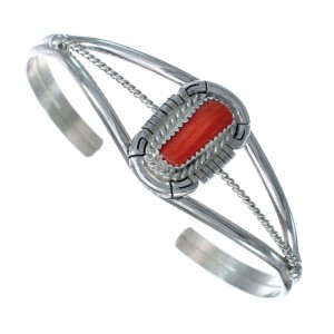 Native American Coral And Sterling Silver Navajo Cuff Bracelet AX124824