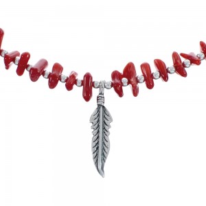 Native American Coral Feather Sterling Silver Bead Necklace JX125419
