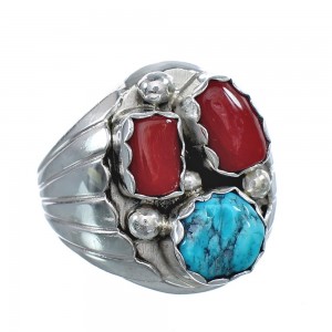 Genuine Sterling Silver Turquoise Coral Navajo Ring Size 10-3/4 AX124914