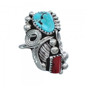 Authentic Sterling Silver Navajo Turquoise Coral Leaf Design Ring Size 5-1/2 AX124932