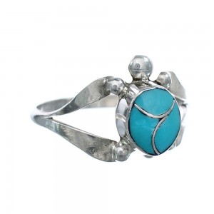 Zuni Sterling Silver Turquoise Inlay Turtle Ring Size 4 AX124884