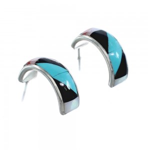 Multicolor Inlay Zuni Indian Sterling Silver Post Hoop Earrings AX125410
