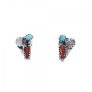 Native American Sterling Silver Turquoise Coral Flower Post Earrings AX125123