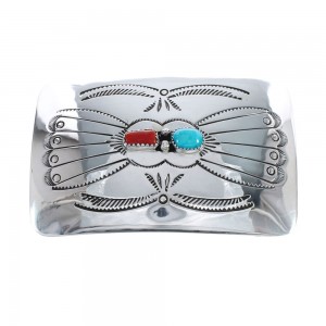Native American Navajo Sterling Silver Turquoise And Coral Belt Buckle AX125186