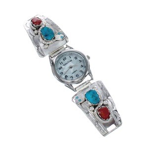 Native American Snake Zuni Sterling Silver Turquoise And Coral Watch AX125222