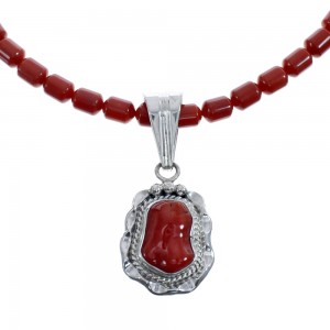 Native American Navajo Coral Bead Pendant Sterling Silver Necklace JX126563