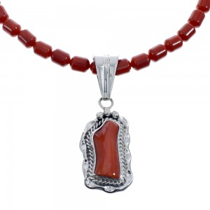 Native American Navajo Coral Bead Pendant Sterling Silver Necklace JX126566