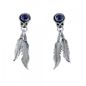 Feather Sterling Silver Navajo Lapis Post Dangle Earrings AX125984