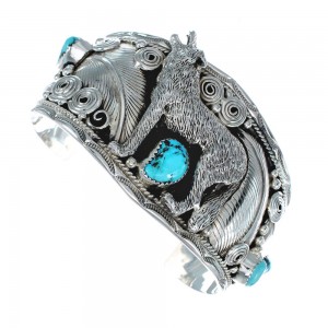 Navajo Sterling Silver Turquoise Wolf Leaf Cuff Bracelet AX125893