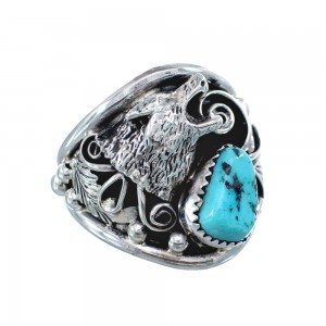 Navajo Indian Authentic Sterling Silver Wolf Turquoise Jewerly Ring Size 13-1/2 AX126086