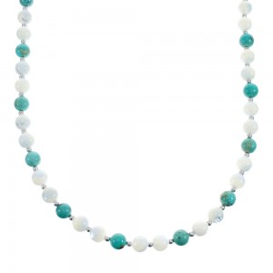 Turquoise Mother of Pearl Sterling Silver Native American Bead Necklace JX127148