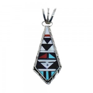 Native American Zuni Authentic Sterling Silver Multicolor Inlay Pendant JX127828