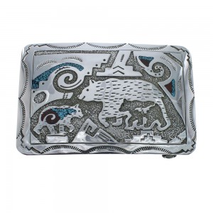 Native American Navajo Sterling Silver Turquoise And Coral Bear Belt Buckle AX127949