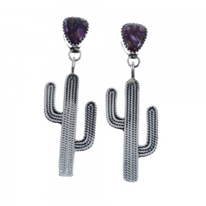 Native American Sterling Silver Purple Oyster Shell Cactus Post Dangle Earrings AX128182