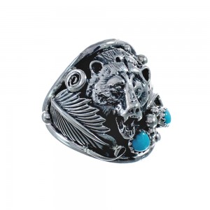 Authentic Sterling Silver Bear Turquoise Navajo Ring Size 13-3/4 AX128290