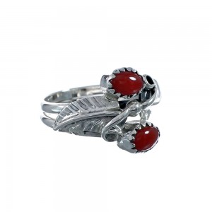 Navajo Coral Authentic Sterling Silver Leaf Ring Size 7-1/4 AX128266
