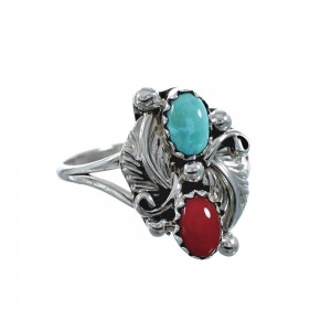 Sterling Silver Navajo Turquoise Coral Leaf Design Ring Size 6 AX128247