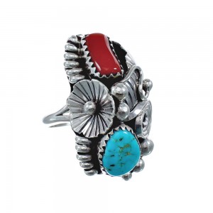 Authentic Sterling Silver Navajo Turquoise Coral Leaf Design Ring Size 6 AX128333