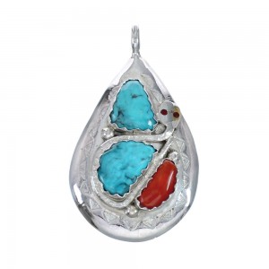 Native American Zuni Turquoise Coral Sterling Silver Snake Pendant AX128754