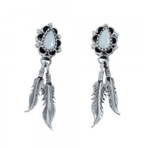 Feather Opal Sterling Silver Native American Post Dangle Earrings AX129157