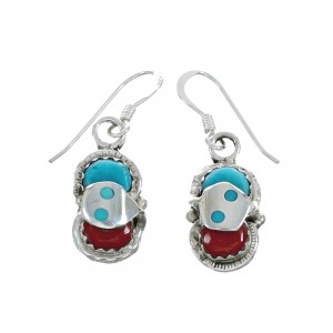 Turquoise Coral Zuni Effie Calavaza Silver Snake Hook Earrings JX128915