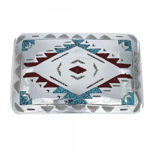 Turquoise And Coral Navajo Sterling Silver Belt Buckle AX129437