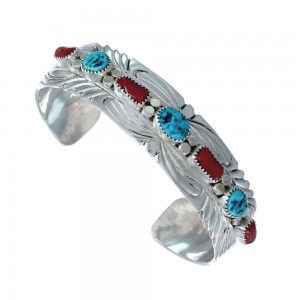 Navajo Turquoise And Coral Sterling Silver Cuff Bracelet AX129464
