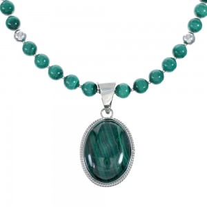 Native American Sterling Silver Malachite Bead Necklace Pendant Set JX129812
