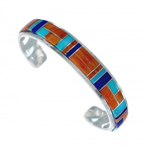 Multicolor Inlay Genuine Sterling Silver Navajo Cuff Bracelet JX130619