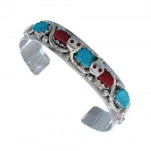 Turquoise and Coral Sterling Silver Zuni Effie Calavaza Snake Cuff Bracelet JX130707